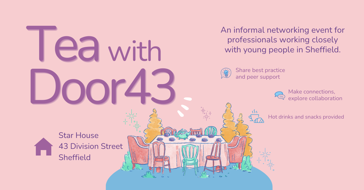 graphic promoting the tea with door 43 event, featuring an illustration of a tea party setting